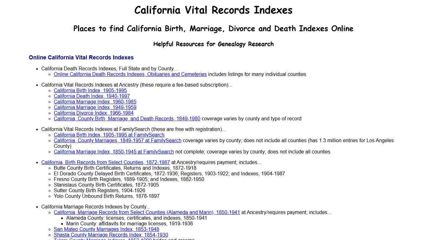 Online California Vital Records Indexes - Birth, Marriage & Death Records